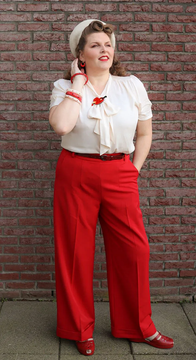 1930s and 40s Classic High Waist Wide Leg Trousers In Red