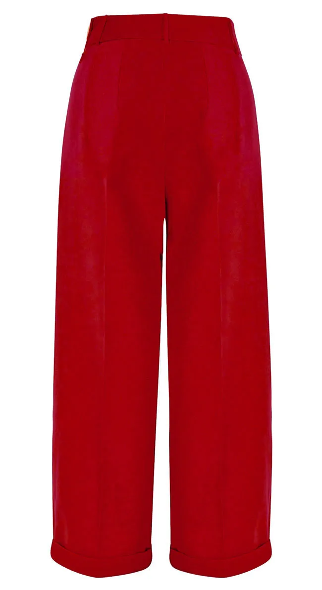 1930s and 40s Classic High Waist Wide Leg Trousers In Red