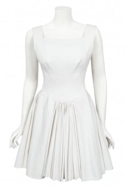 1990 Azzedine Alaia Ivory White Waffle-Cotton Backless Skater Mini Dress