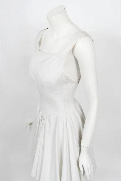 1990 Azzedine Alaia Ivory White Waffle-Cotton Backless Skater Mini Dress