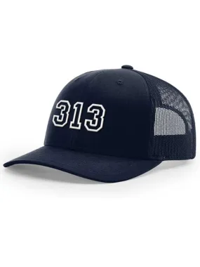 313 Snapback Trucker Hat - Raised Embroidery - White / Navy