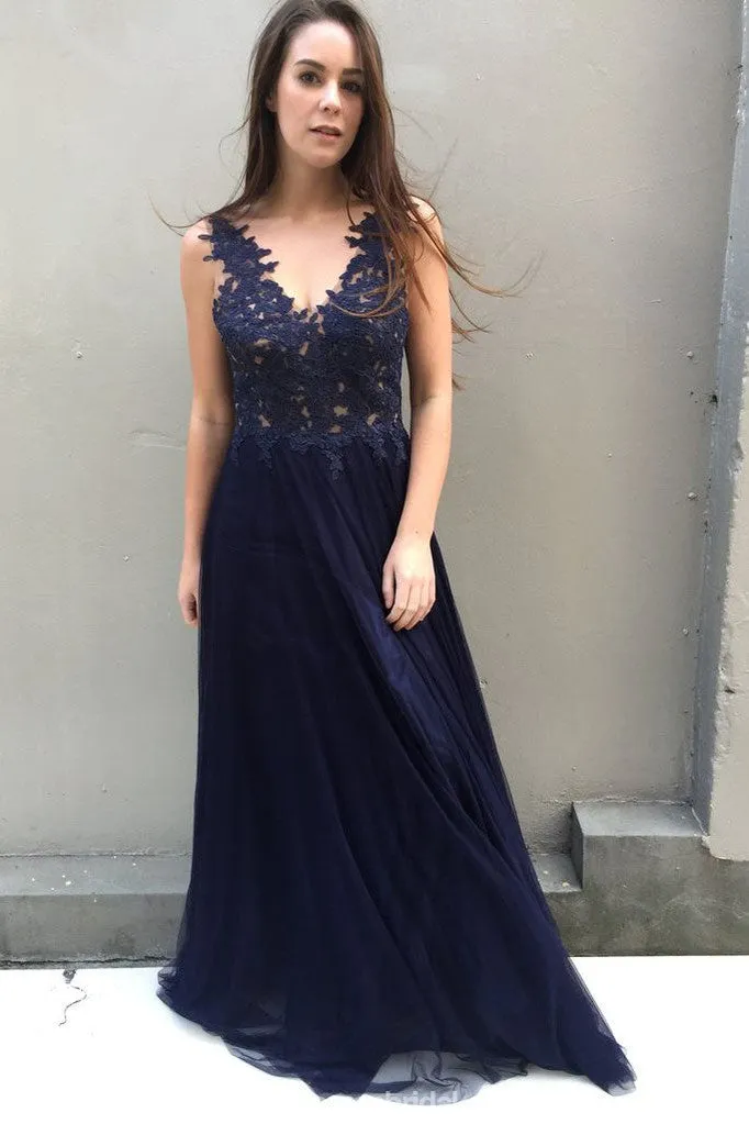 A-line V-neck Lace Appliques Backless Long Navy Blue Prom Dresses, PD0577