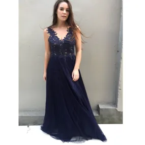 A-line V-neck Lace Appliques Backless Long Navy Blue Prom Dresses, PD0577