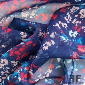 Abstract Floral Printed Silk Chiffon - Navy