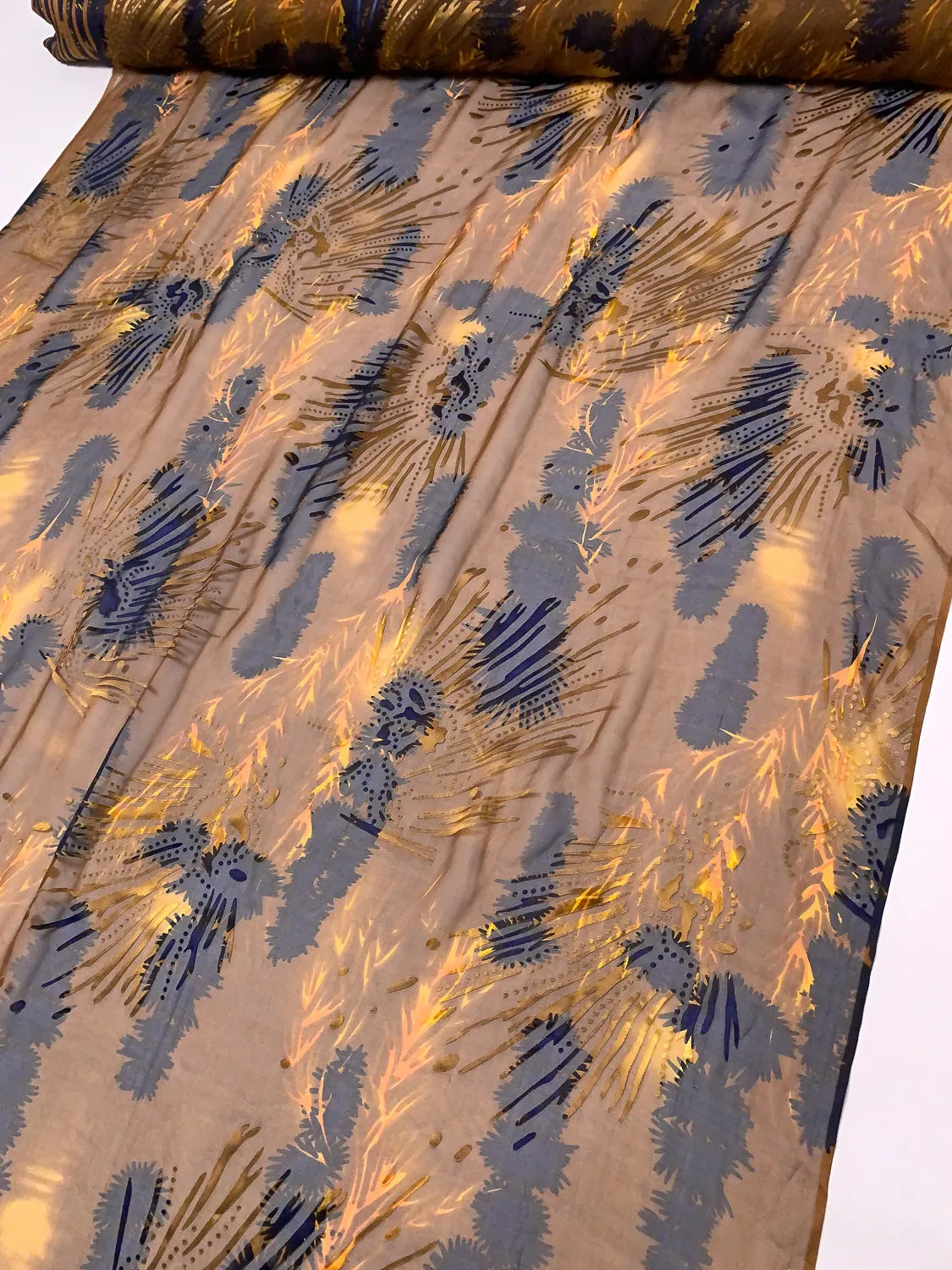 Abstract Printed Burnout Silk Blend Chiffon - Turmeric / Navy / Brown