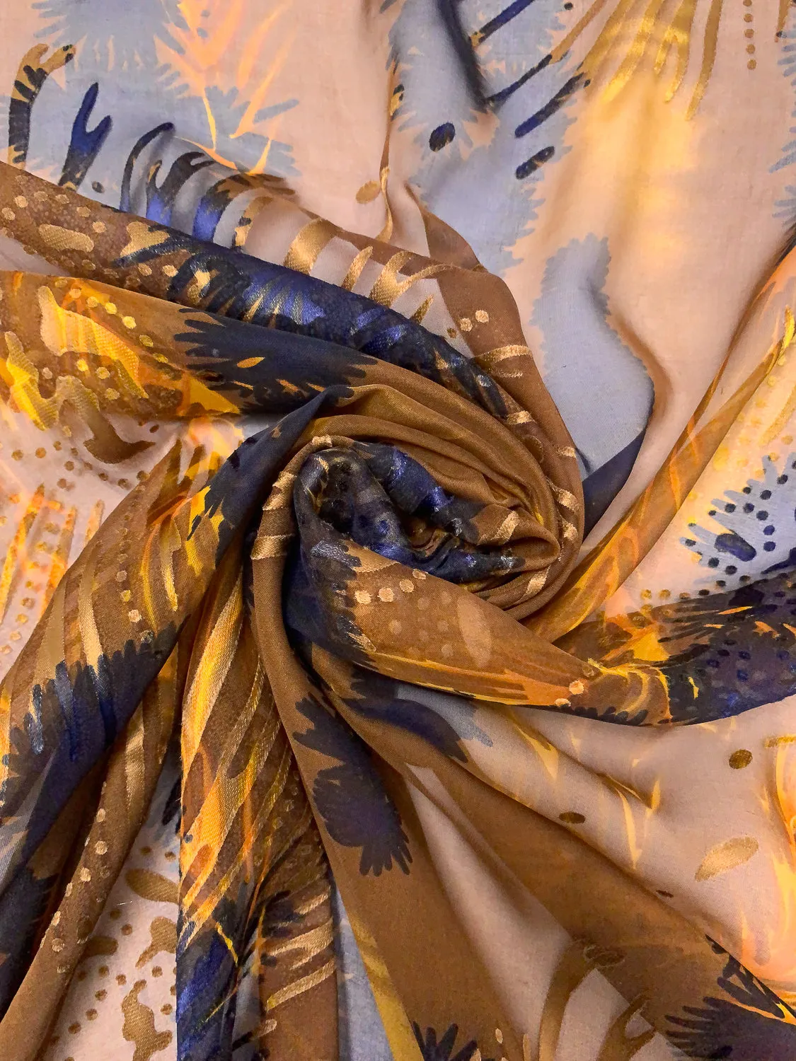 Abstract Printed Burnout Silk Blend Chiffon - Turmeric / Navy / Brown