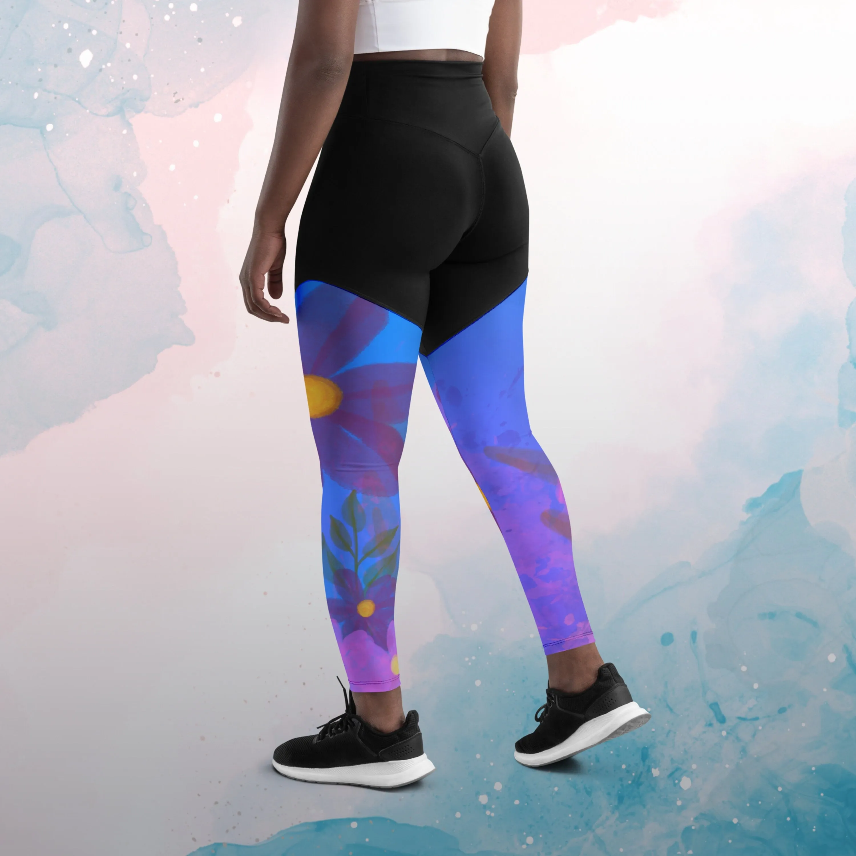 Bold Purple Watercolor Flowers Womens Compression Sports Leggings Gym Gift