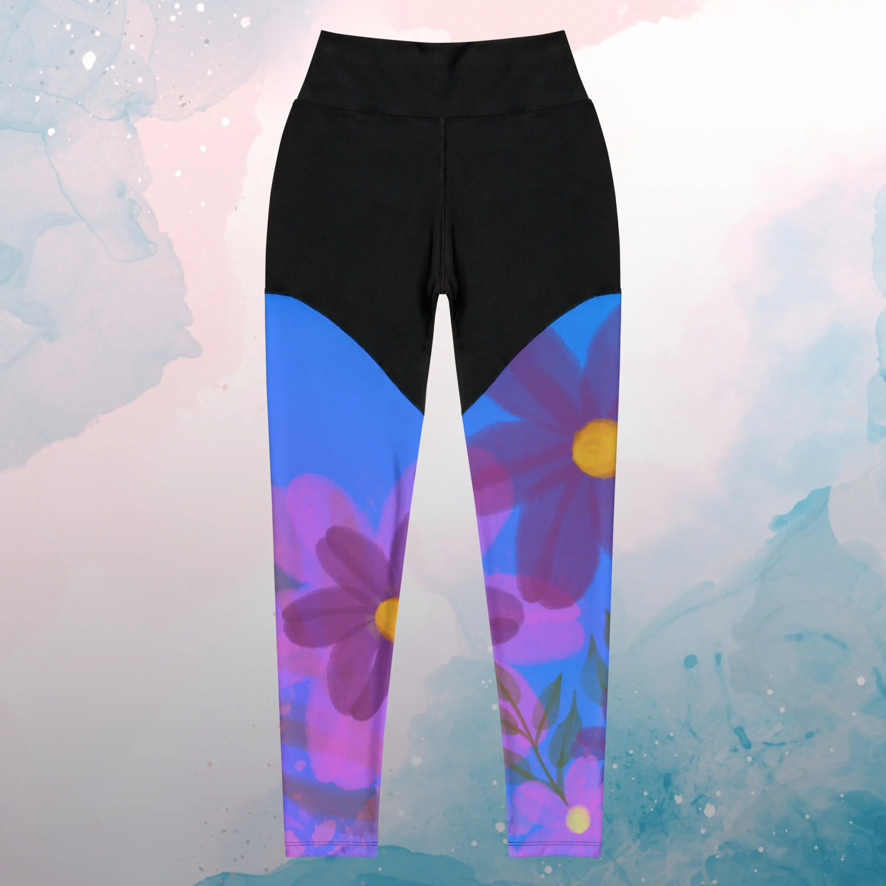 Bold Purple Watercolor Flowers Womens Compression Sports Leggings Gym Gift