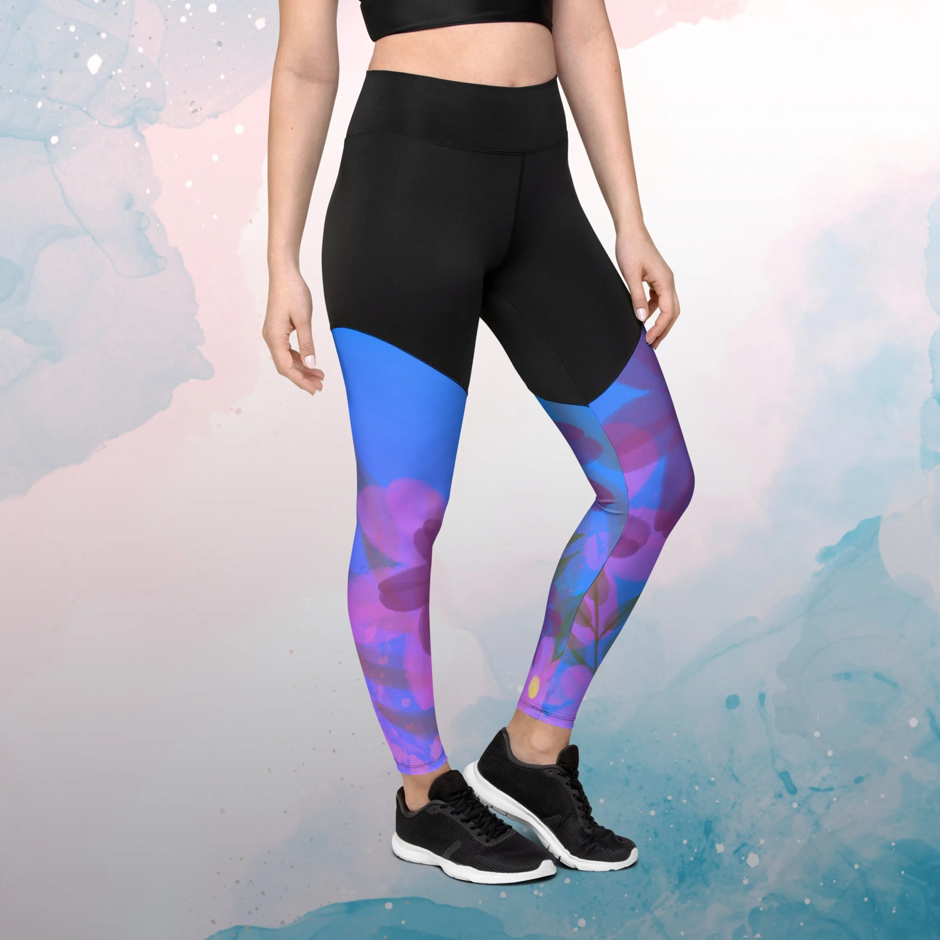 Bold Purple Watercolor Flowers Womens Compression Sports Leggings Gym Gift