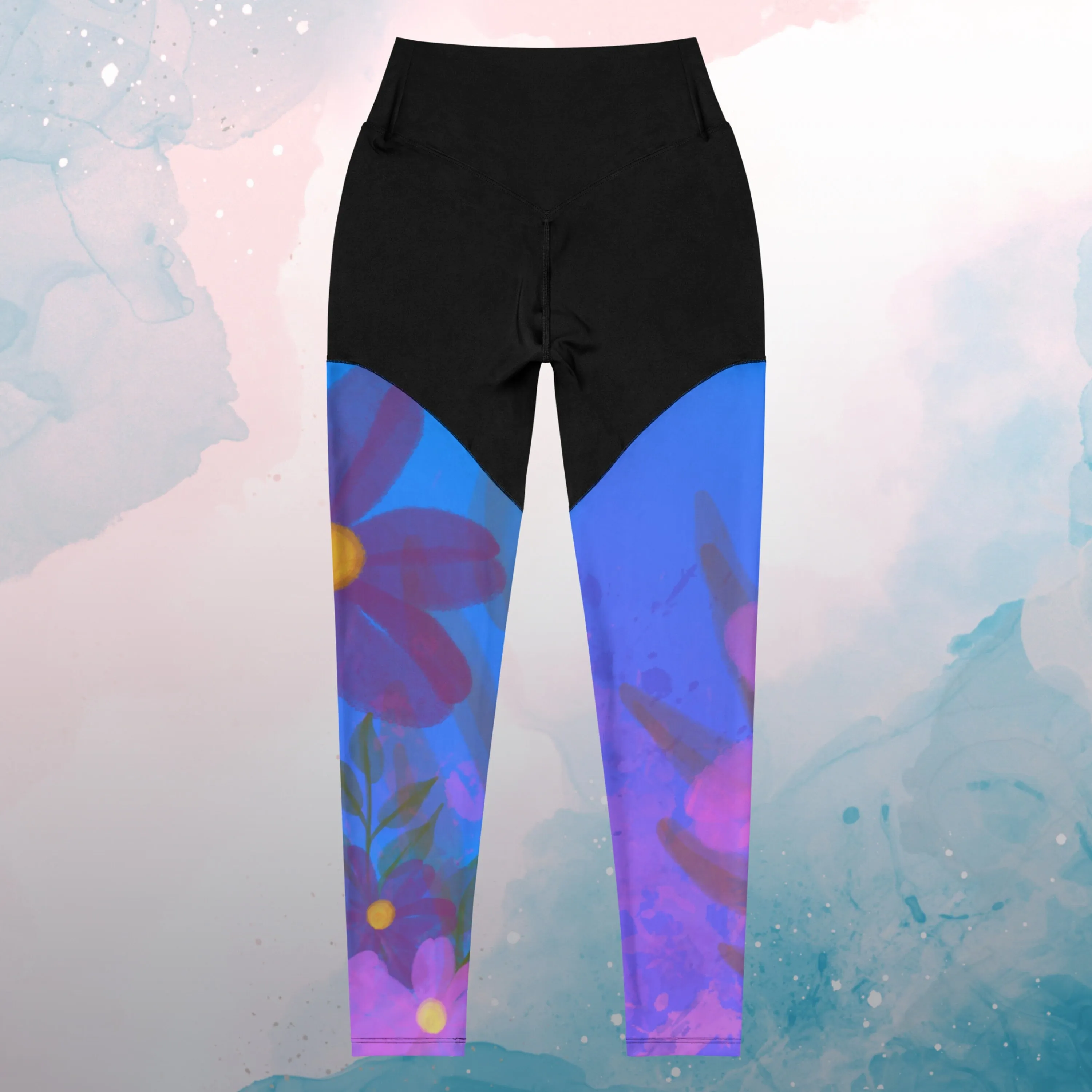 Bold Purple Watercolor Flowers Womens Compression Sports Leggings Gym Gift