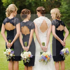 Charming Elegant Lace Navy Blue Open Back Knee-Length Short Mini Cap Sleeve Cheap Bridesmaid Dresses, WG095