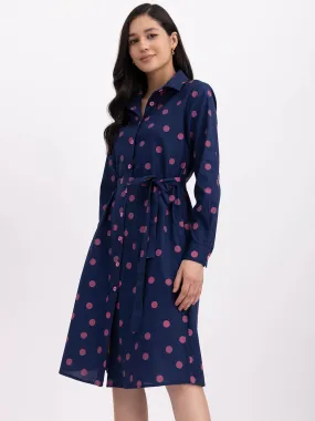 Cotton Polka Shirt Dress - Navy Blue And Pink