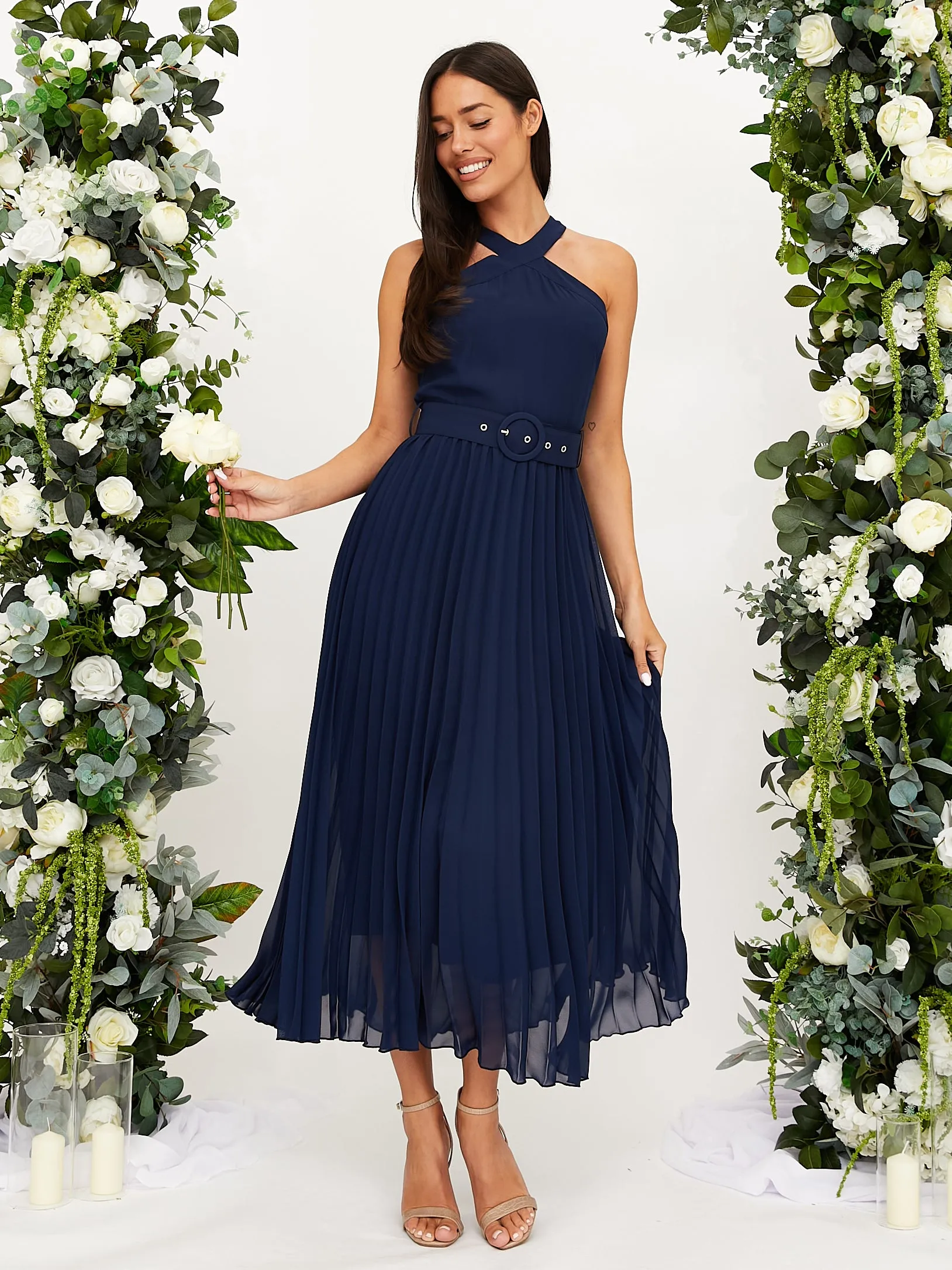 Cross Neck Pleated Midaxi Chiffon Dress / Navy