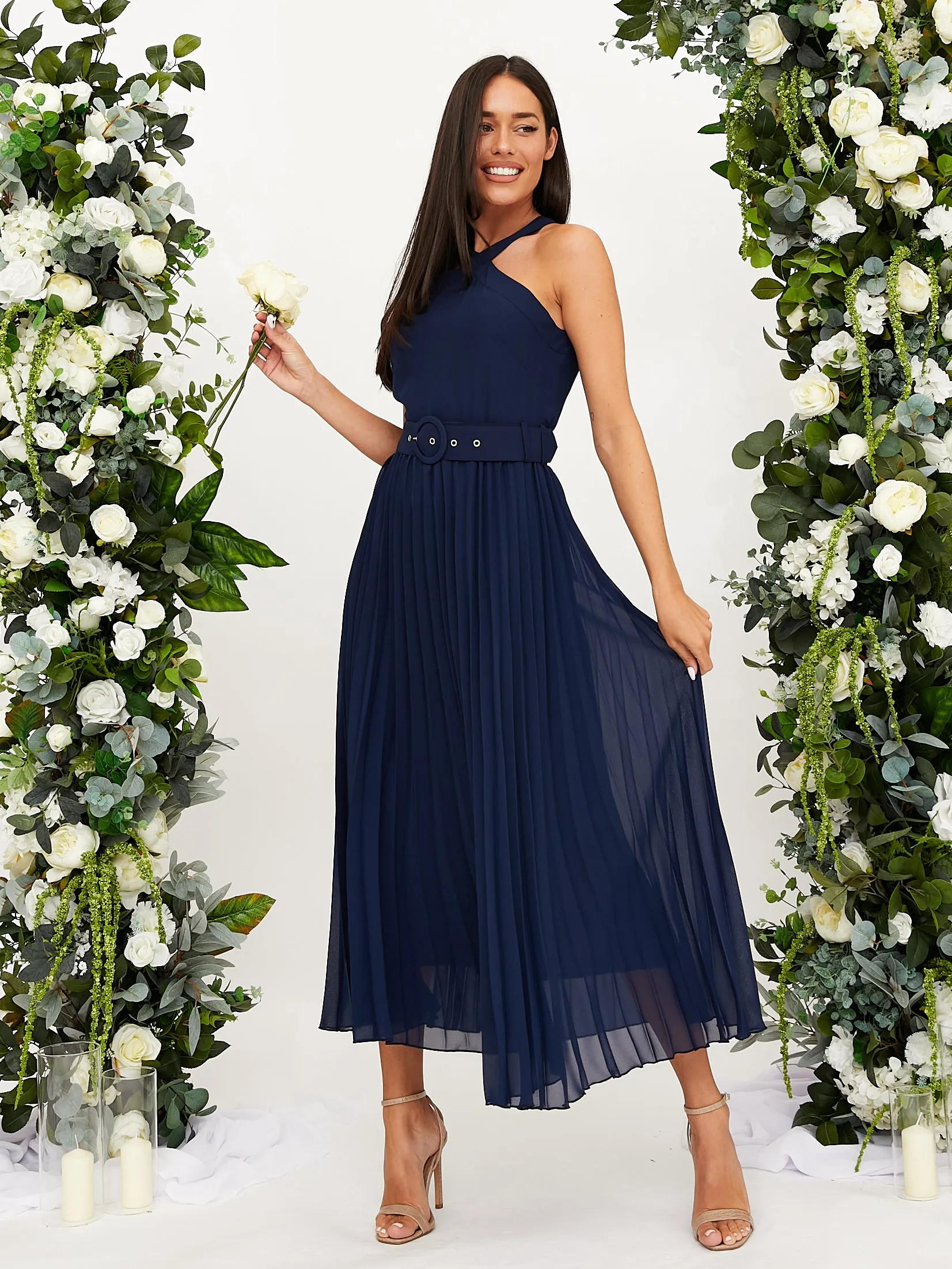 Cross Neck Pleated Midaxi Chiffon Dress / Navy