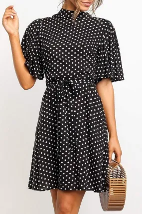 elveswallet Polka Dot Printed Chiffon Dress with High Waist