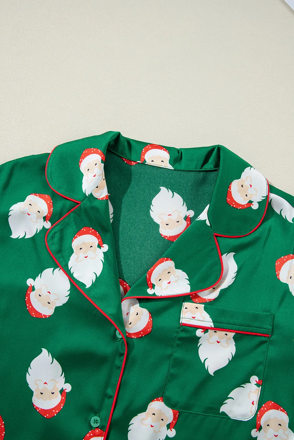 Green Christmas Santa Claus Print Satin Shirt and Shorts Pajama Set