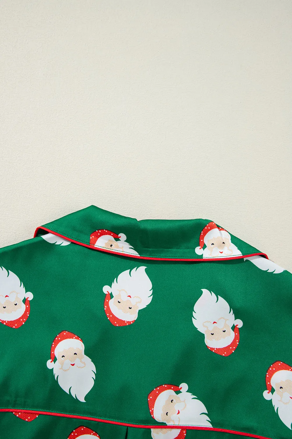 Green Christmas Santa Claus Print Satin Shirt and Shorts Pajama Set