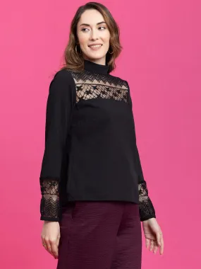 High Neck Lace Top - Black