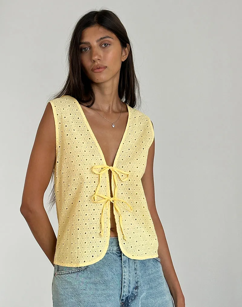 Kayve Tie Front Top in Broderie Yellow