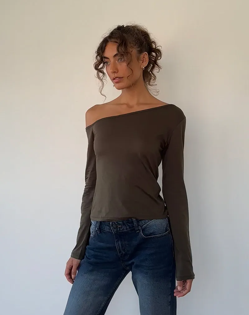 Ledez Asymmetrical Slouchy Top in Olive Tissue Jersey