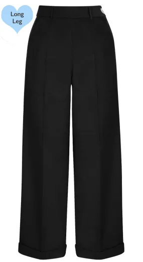 Long Tall 1930s and 40s Classic High Waist Wide Leg Trousers in Black