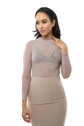 MYSTYLEMODE MOCHA LONG SLEEVE FUNNEL NECK MESH BODYSUIT