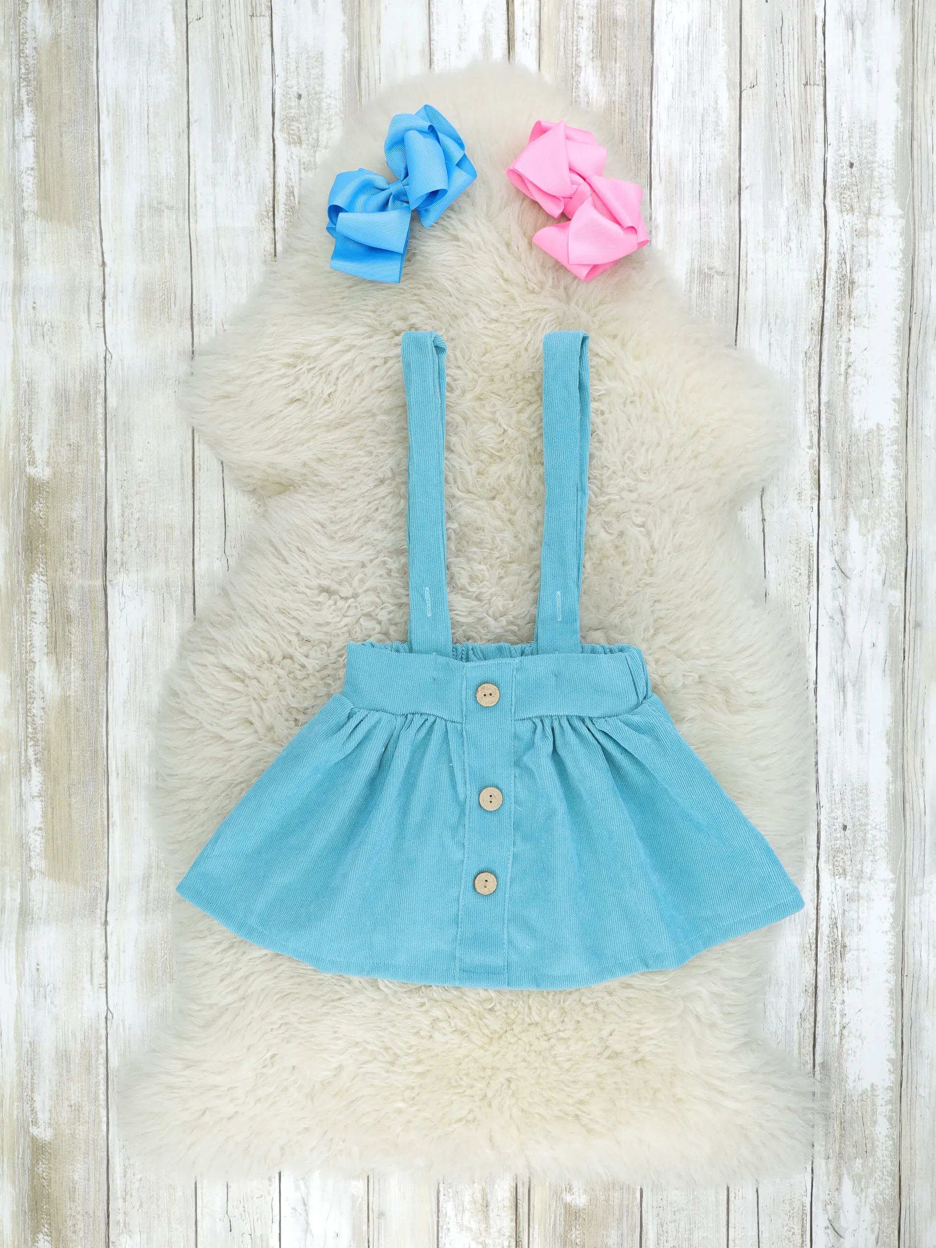 Pink Christmas Tree Ruffle Top & Blue Suspender Skirt Set