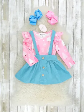 Pink Christmas Tree Ruffle Top & Blue Suspender Skirt Set