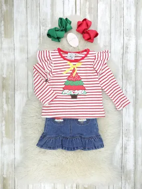 Red Striped Christmas Tree Denim Skirt Outfit