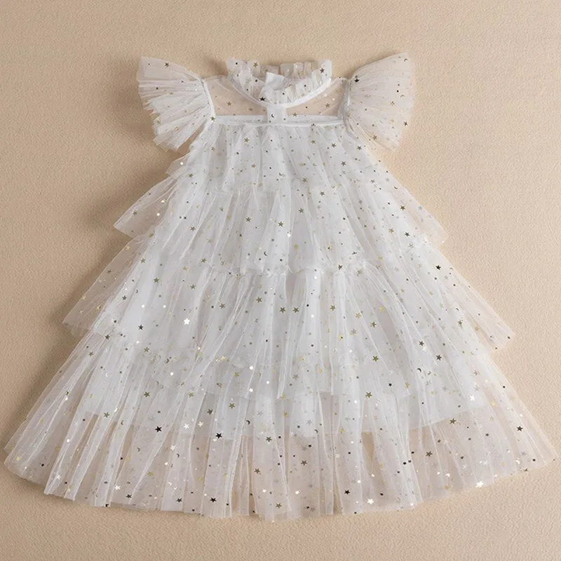 Summer Girls Ruffle Princess Dresses Sequin Shiny Cake KidsTulle A-Line Cloth 3-8 Years Children Elegant Birthday Mesh Costume