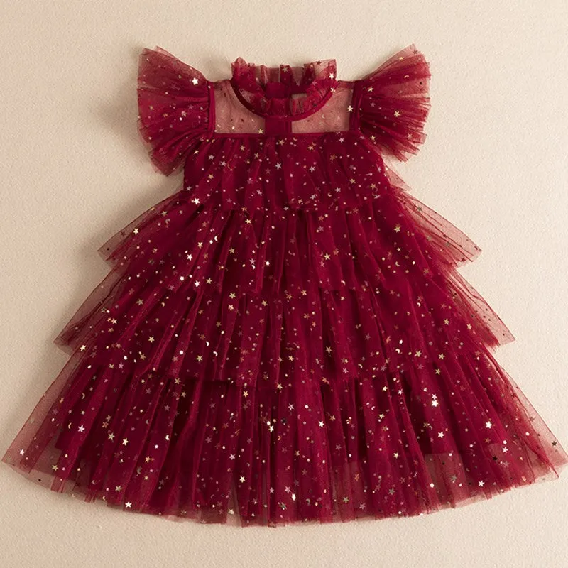 Summer Girls Ruffle Princess Dresses Sequin Shiny Cake KidsTulle A-Line Cloth 3-8 Years Children Elegant Birthday Mesh Costume