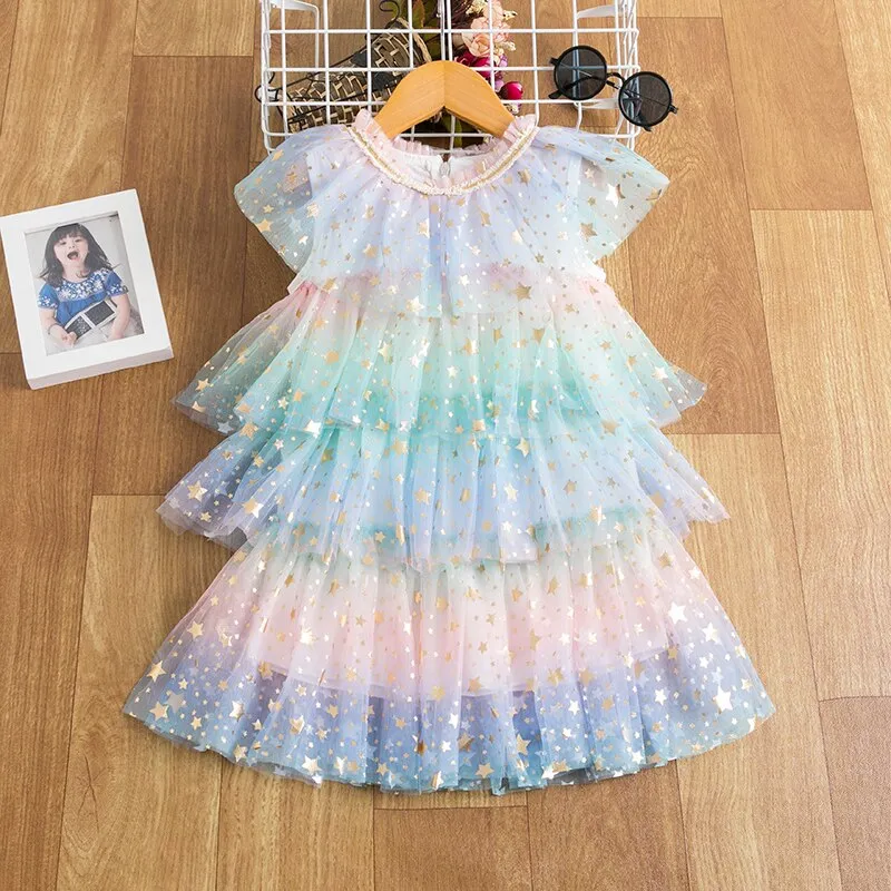 Summer Girls Ruffle Princess Dresses Sequin Shiny Cake KidsTulle A-Line Cloth 3-8 Years Children Elegant Birthday Mesh Costume