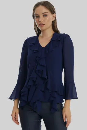 V-neck Chiffon Ruffle Blouse In Navy