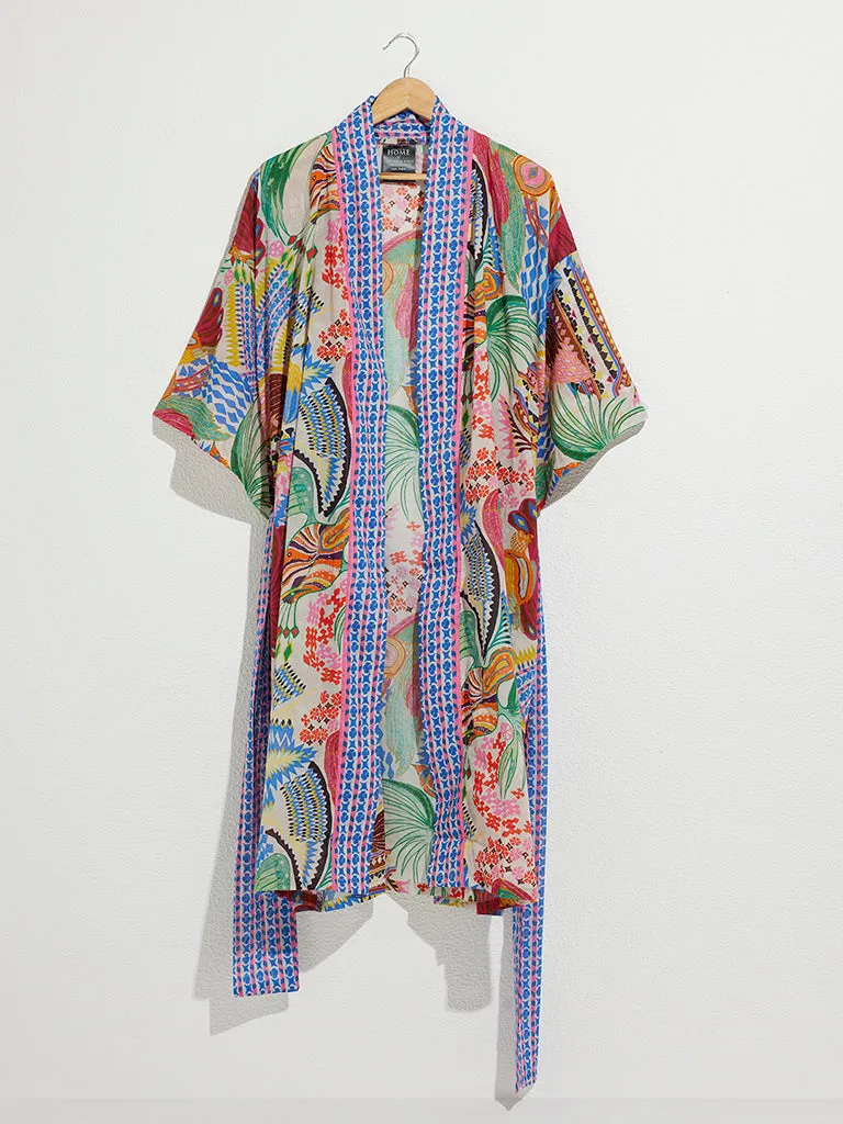 Westside Home Multicolour Printed Kimono Robe with Belt