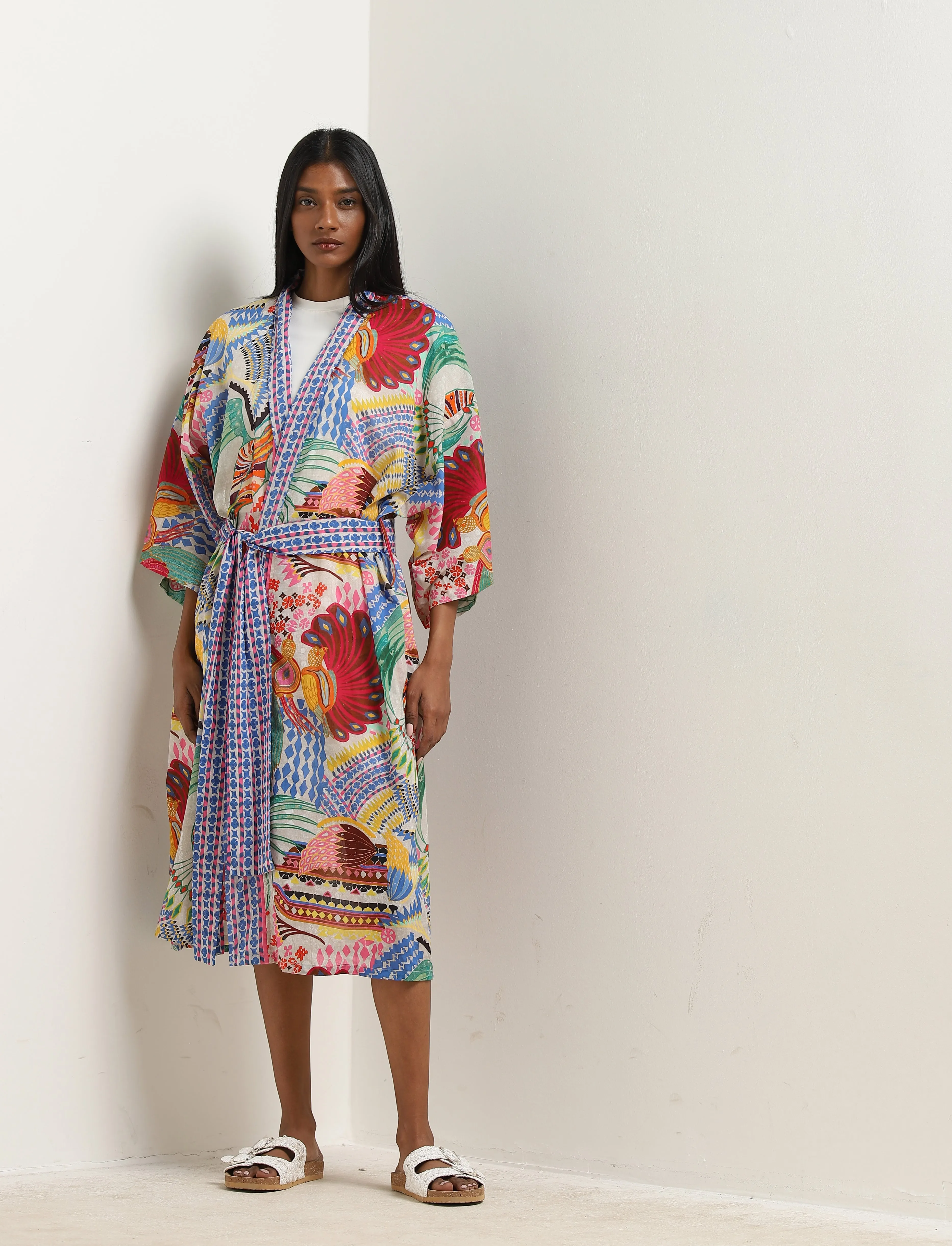 Westside Home Multicolour Printed Kimono Robe with Belt