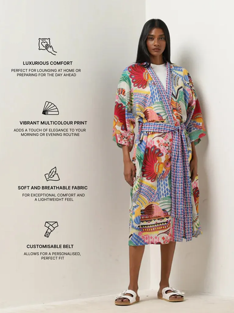 Westside Home Multicolour Printed Kimono Robe with Belt