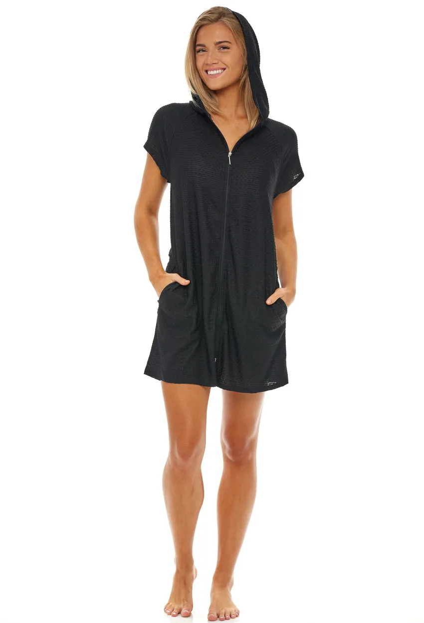 ZIP-UP FRONT HOODIE WITH RAGLAN SLEEVE DRESS - WAFFLE